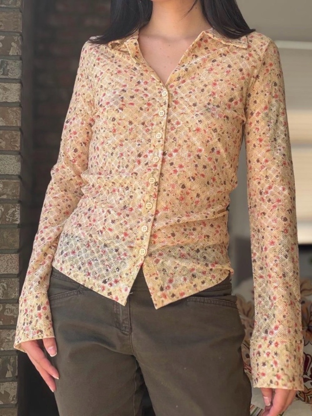 Vintage Light Yellow Floral Button-Down Mesh Shirt